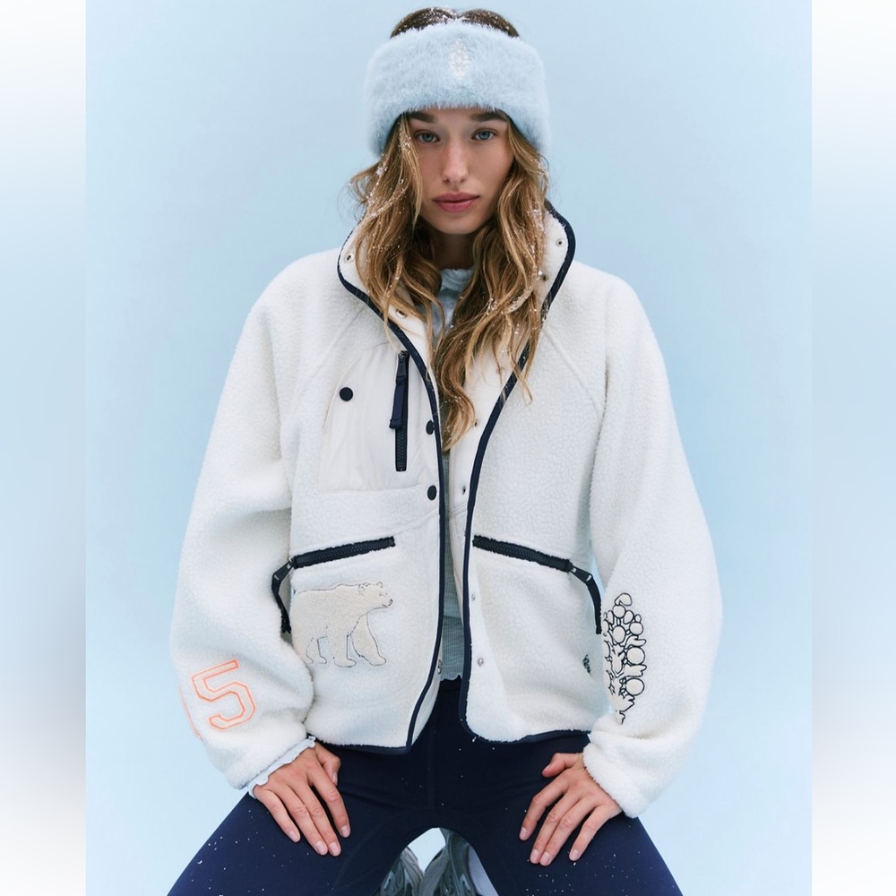 FP Movement by Free People Cream Sherpa Jacket with Black Trim & Coral Accent - Picture 7 of 11